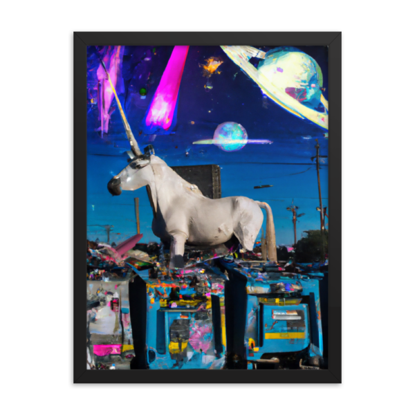 A unicorn in Dumpster in Detroit, at night with stars and Planets - 18" X 24" Framed poster - Image 2