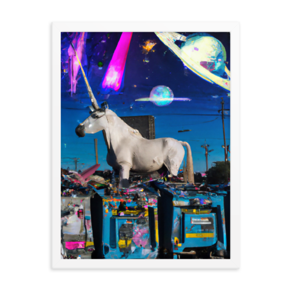 A unicorn in Dumpster in Detroit, at night with stars and Planets - 18" X 24" Framed poster - Image 3