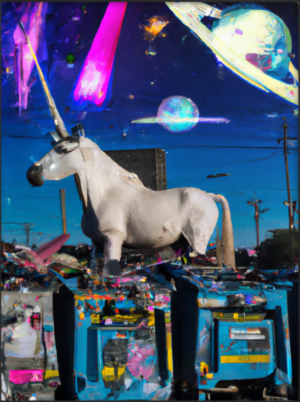 A unicorn in Dumpster in Detroit, at night with stars and Planets - 18" X 24" Framed poster